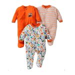 EIO Long Sleeve Unisex Babies Romper Suits 100% Cotton – 3-6M – Orange – Pack of 3