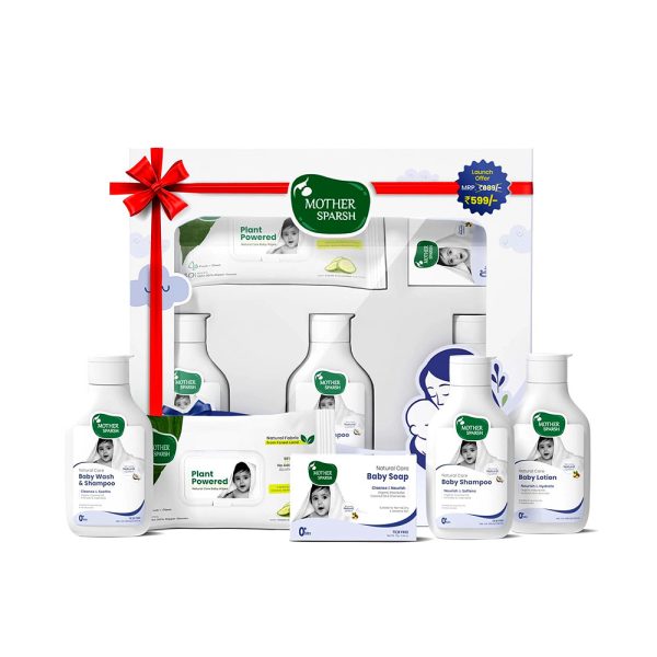 Mother Sparsh Baby Bath & Skin Care Set (5-in-1) Natural, Gentle Wipes, Wash, Shampoo, Lotion & Soap