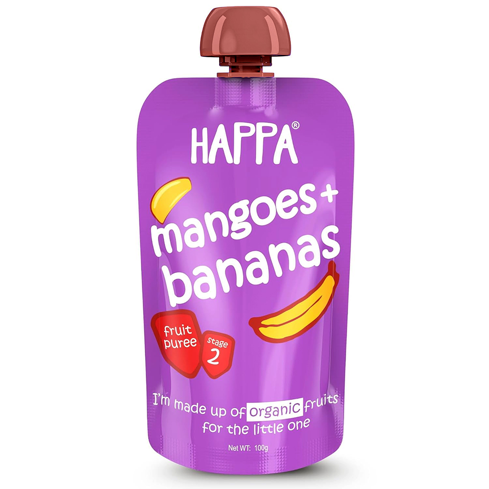 768855437395-12 Happa Mangoes + Banana Fruit Puree - 100g - Image 1