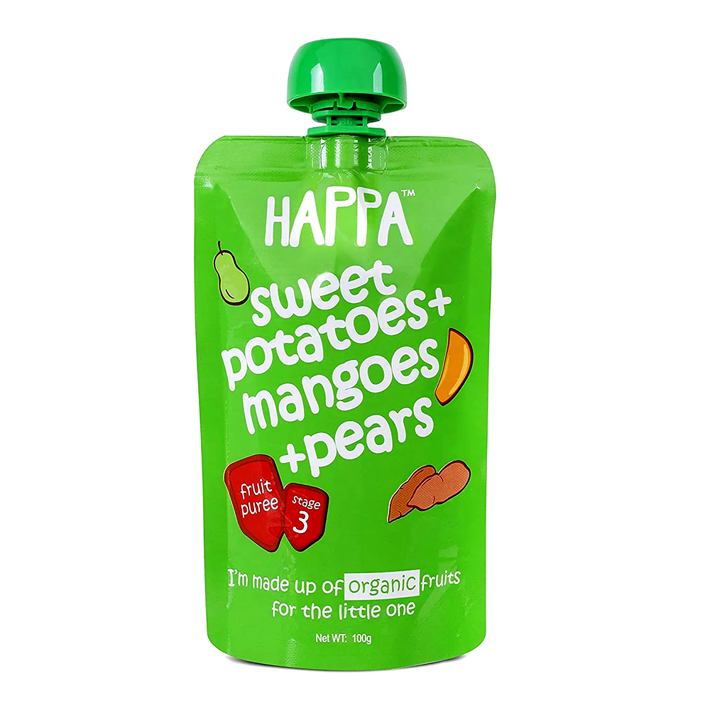 768855437425-1 Happa Sweet Potatoes + Mangoes + Pears Fruit Puree - 100g - Image 1